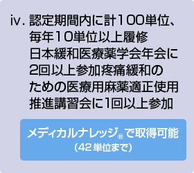 ⅳ.	認定期間内に計100単位、毎年10単位以上履修日本緩和医療薬学会年会に2回以上参加疼痛緩和のための医療用麻薬適正使用推進講習会に1回以上参加